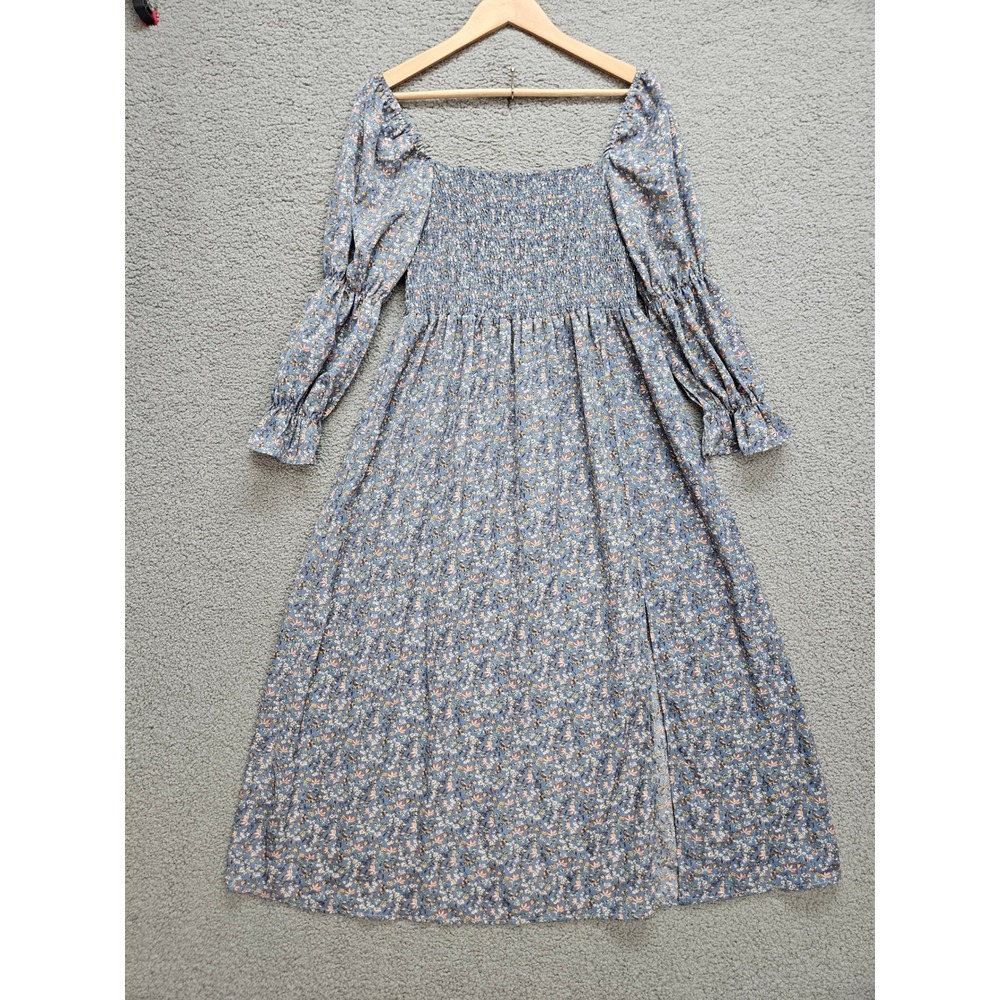 Lea & Viola Floral Midi Dress Medium Blue Smocked Cottagecore Boho Side Slit